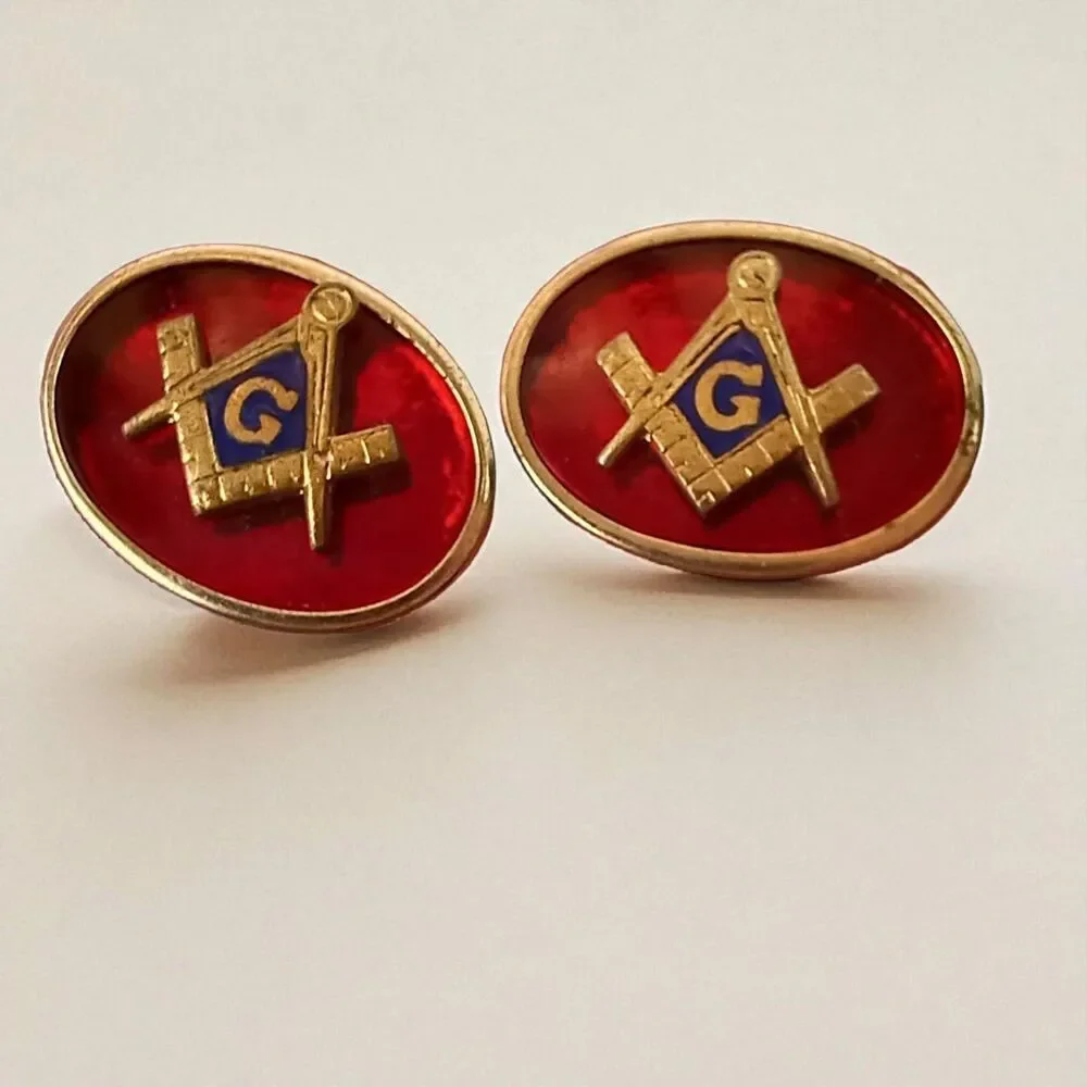 Vtg Freemason Masonic Cufflinks Red Enamel Oval Mason Goldtone Square & Compass